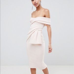 Blush off the shoulder midi dress